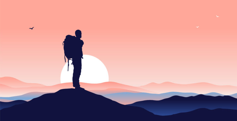 perspective backpacker on mountaintop looking at horizon in front of sunset adobestock 429451656 768x392